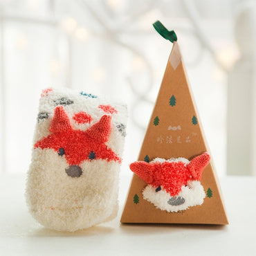 Cute Animal Design Deer Christmas socks Gift 3D Fluffy Coral Velvet Thick Warm Winter Sock For Women new Year gift Sox with Box