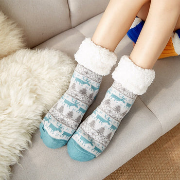 Autumn Winter Women Slippers Home Socks Christmas Cartoon Elk Floor Socks Plush Velvet Non-slip Carpet Fluffy Warm Socks