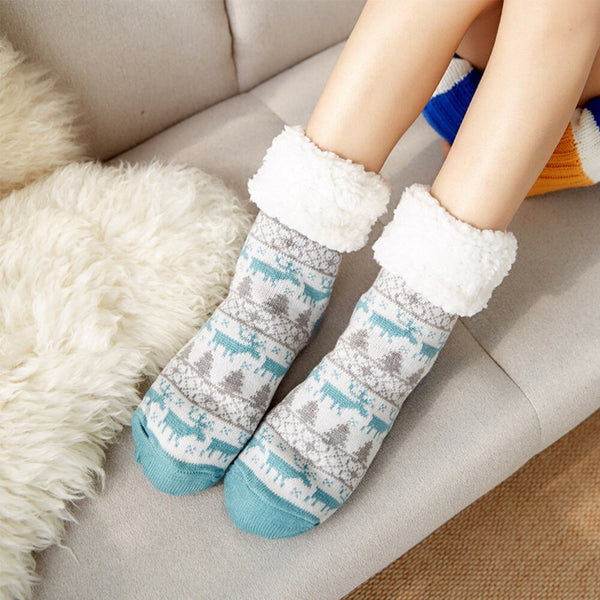 Autumn Winter Women Slippers Home Socks Christmas Cartoon Elk Floor Socks Plush Velvet Non-slip Carpet Fluffy Warm Socks