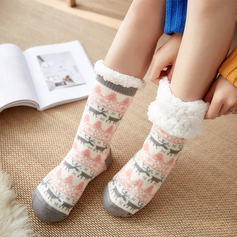 Autumn Winter Women Slippers Home Socks Christmas Cartoon Elk Floor Socks Plush Velvet Non-slip Carpet Fluffy Warm Socks