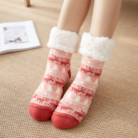 Autumn Winter Women Slippers Home Socks Christmas Cartoon Elk Floor Socks Plush Velvet Non-slip Carpet Fluffy Warm Socks