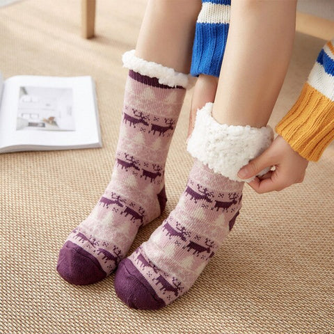 Autumn Winter Women Slippers Home Socks Christmas Cartoon Elk Floor Socks Plush Velvet Non-slip Carpet Fluffy Warm Socks