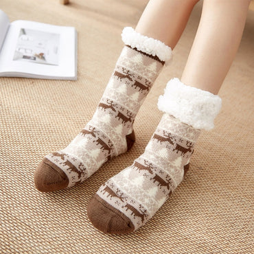Autumn Winter Women Slippers Home Socks Christmas Cartoon Elk Floor Socks Plush Velvet Non-slip Carpet Fluffy Warm Socks