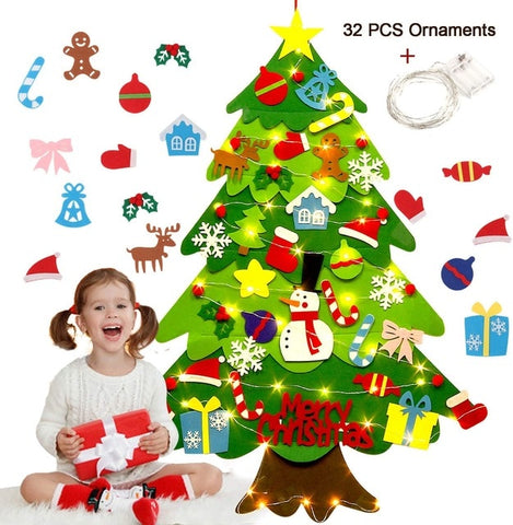 Felt Christmas Tree 3.2ft DIY Wall Hanging Xmas Tree with 32 pcs Ornaments and 50 LEDs String Lights Christmas Decorations